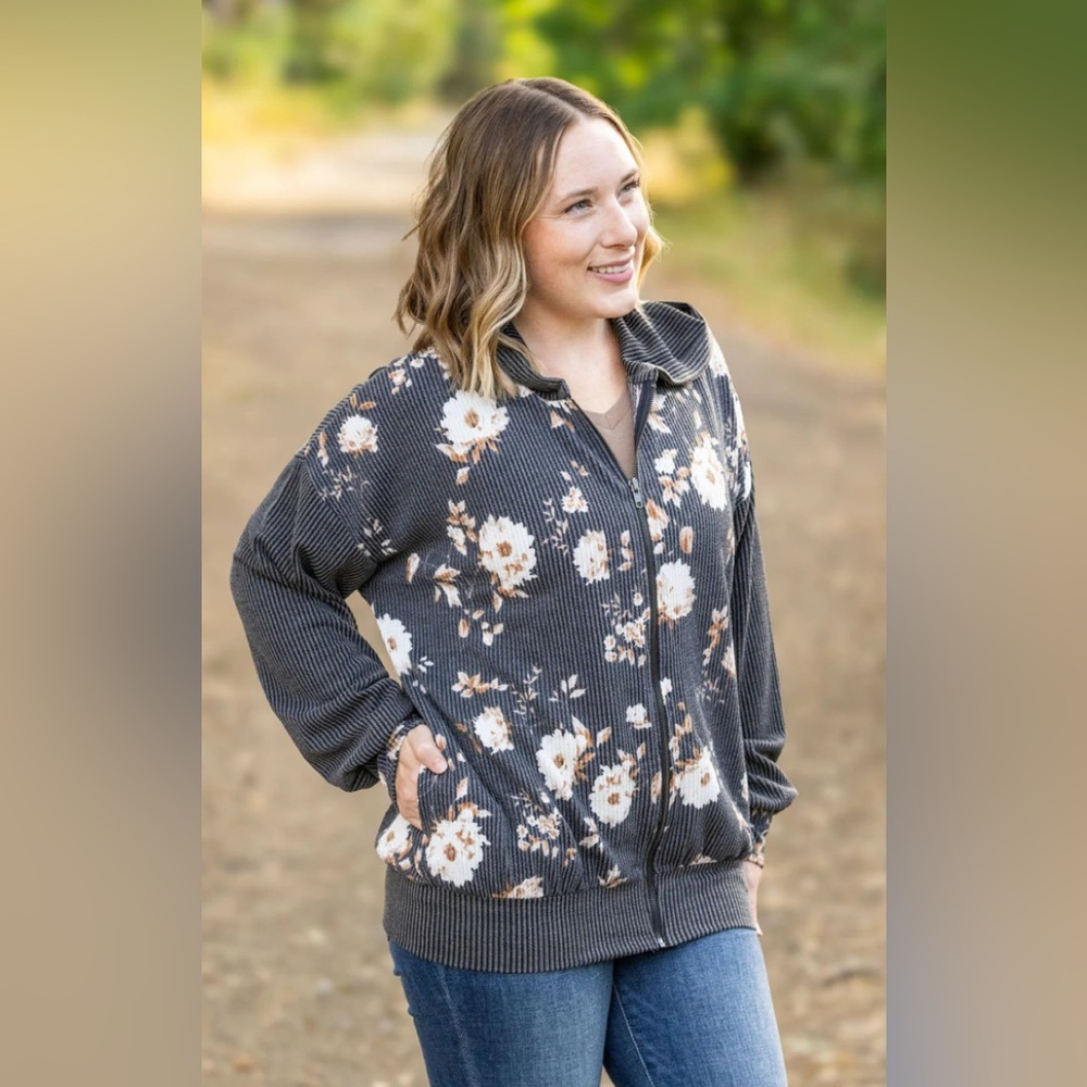Michelle Mae Ramona Ribbed Floral Zip Up - Picture 2 of 9